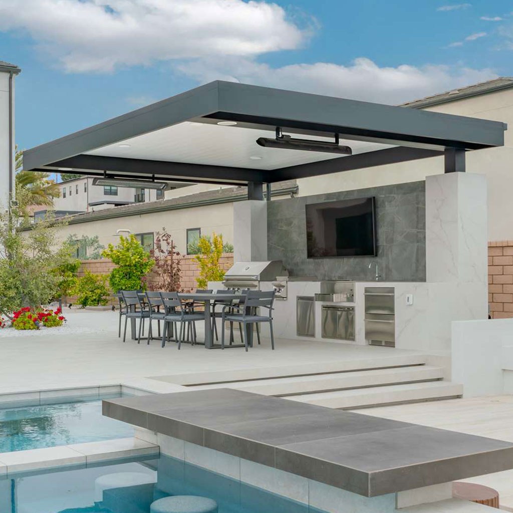 4K cantilever aluminum patio cover over a poolside outdoor kitchen