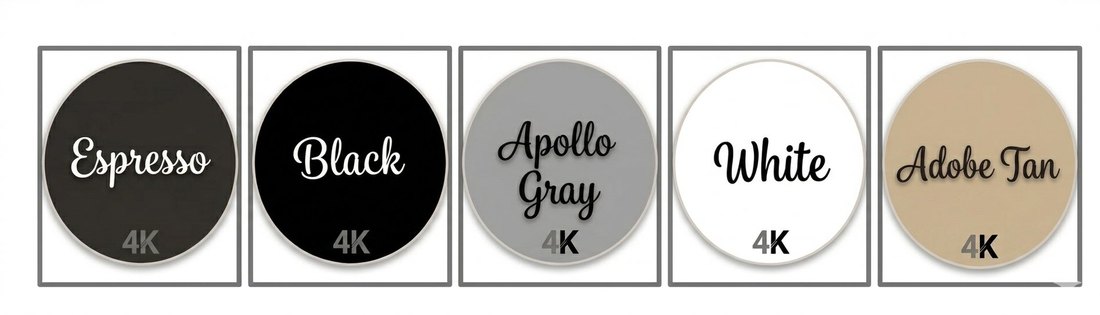 4K color chart — Espresso, Black, Apollo Gray, White, Adobe Tan