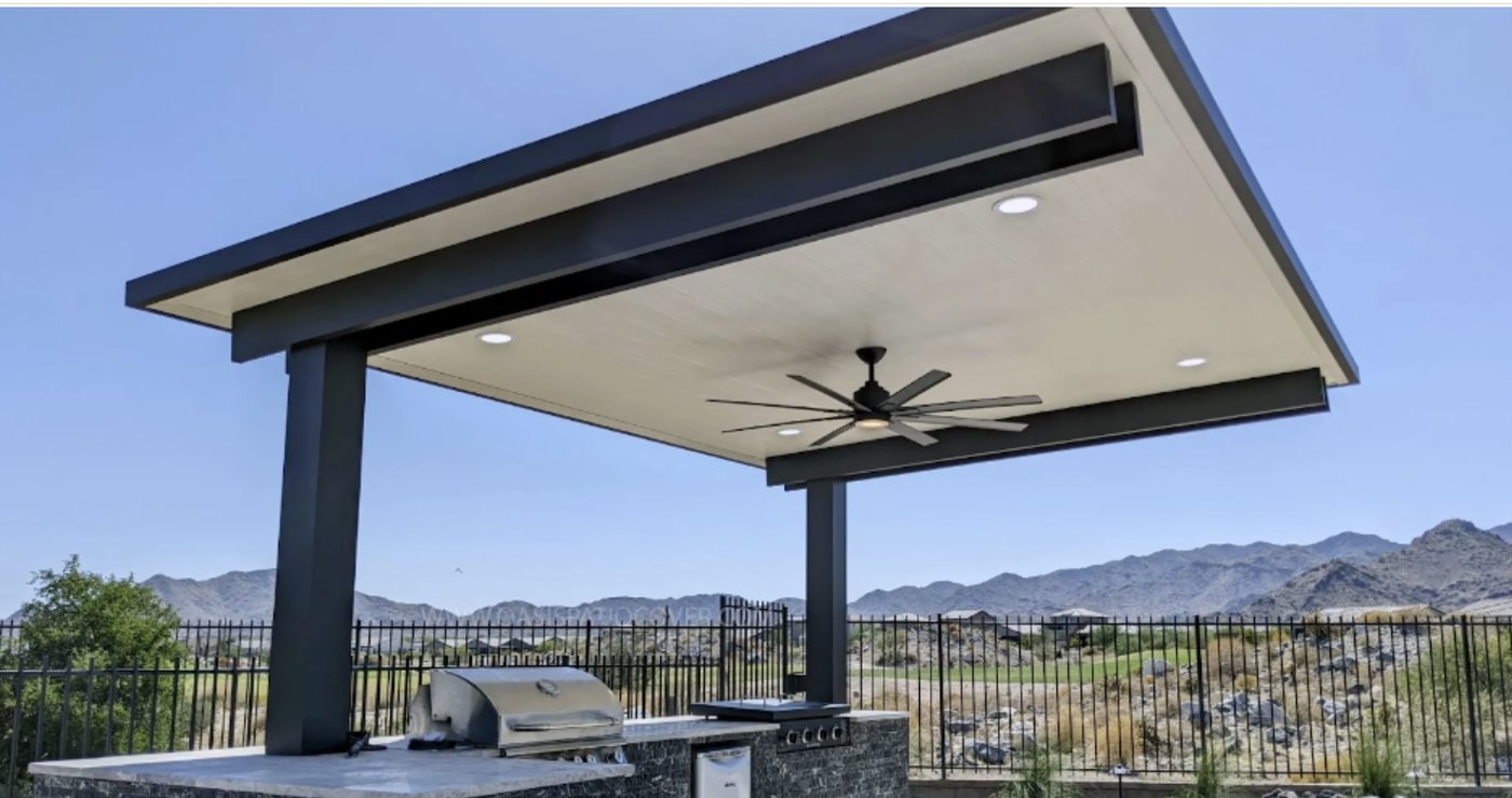 4K cantilever aluminum patio cover — with ceiling fan