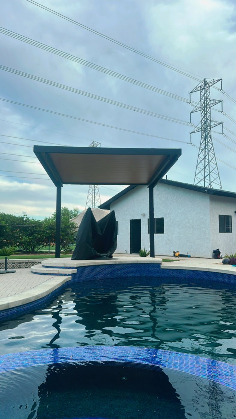 4K cantilever aluminum patio cover — poolside install