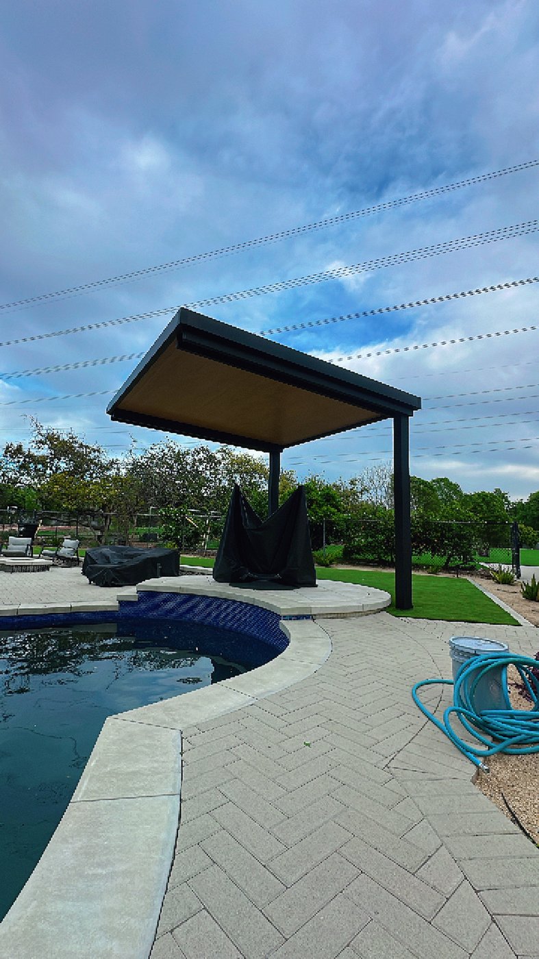 4K cantilever aluminum patio cover — over an outdoor kitchen