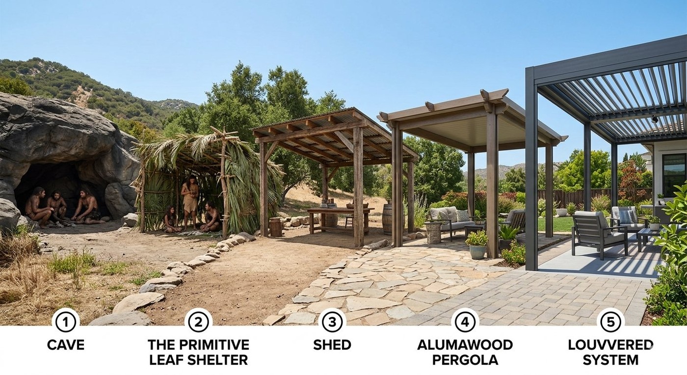 The evolution of shade — from cave to primitive leaf shelter, shed, Alumawood pergola, and modern louvered aluminum system