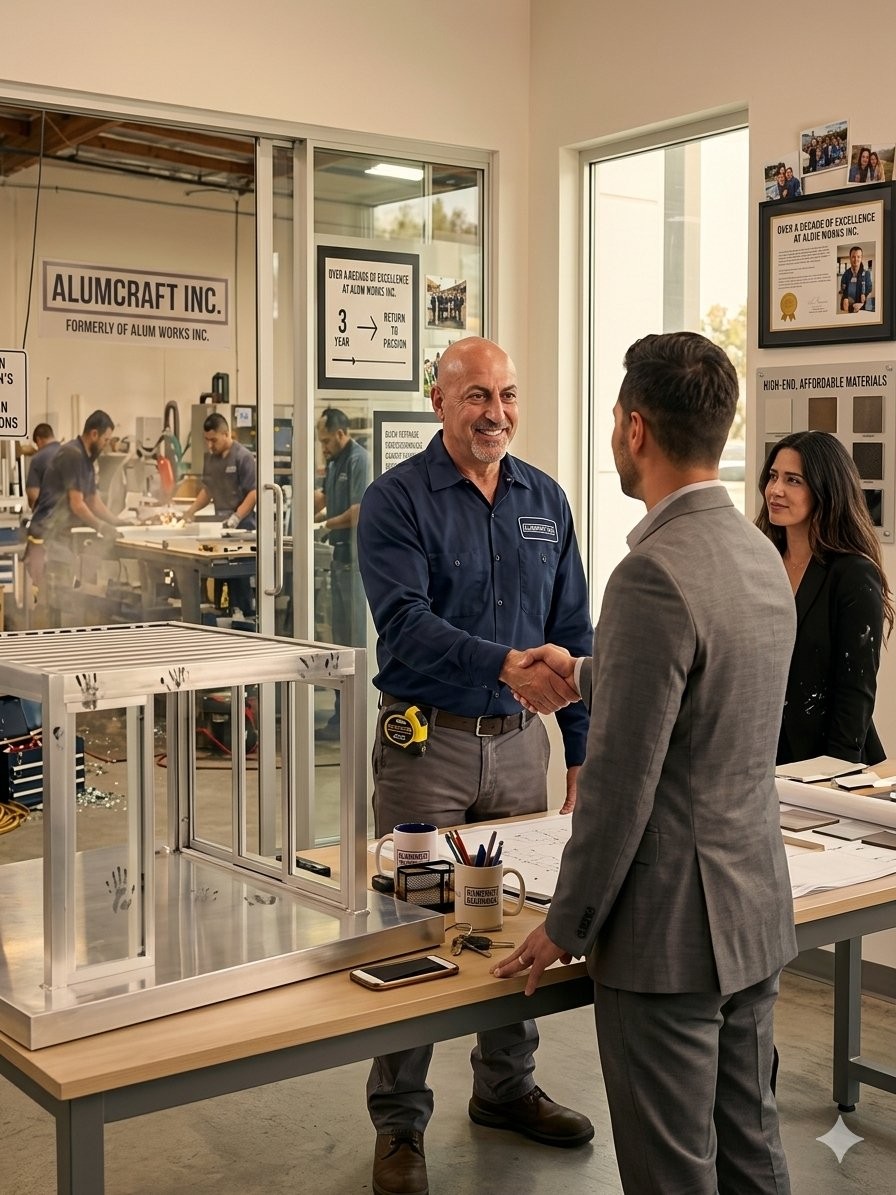 Eyal of Alumcraft Inc. greeting a client in the fabrication showroom