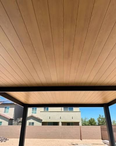 Duracool insulated patio cover with wood-look ceiling, Los Angeles