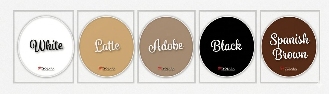 Solara color chart — White, Latte, Adobe, Black, Spanish Brown